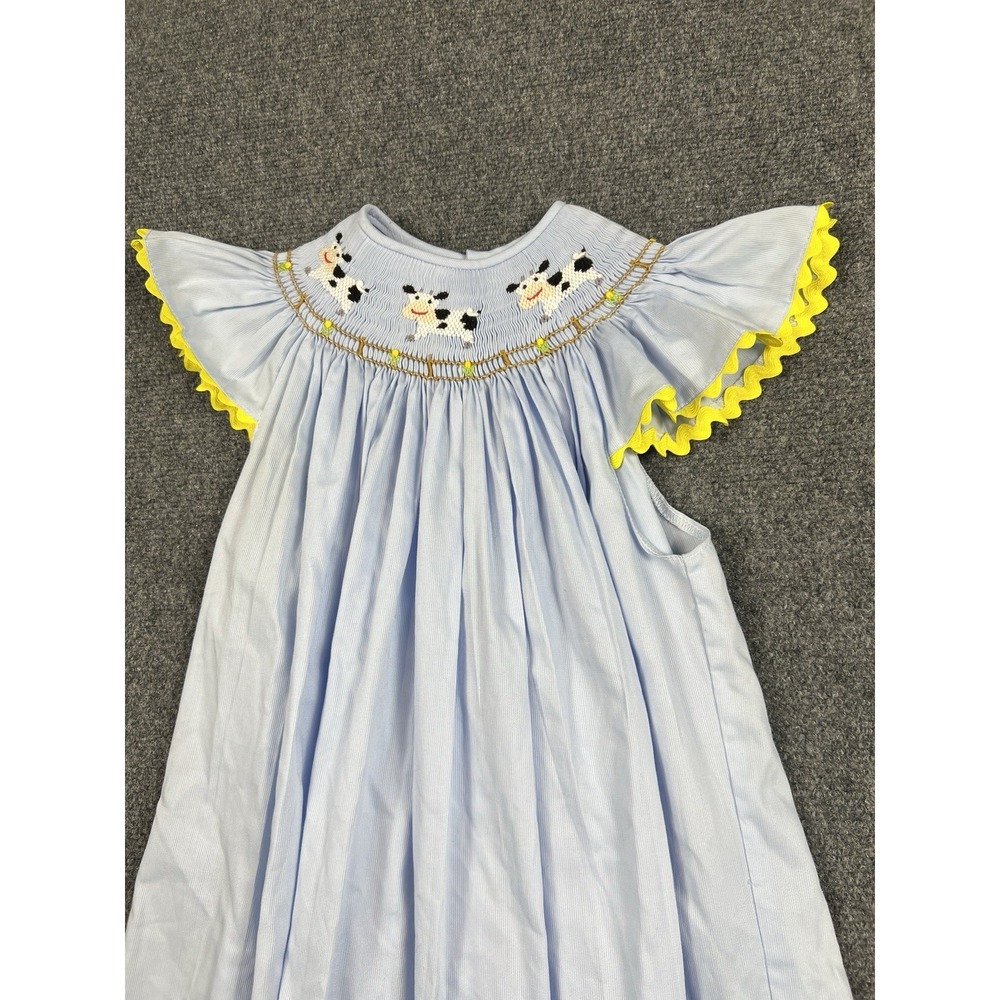 Remember Nguyen Blue Yellow Cow Smocked Dress 8 Farm Scallop Sleeves